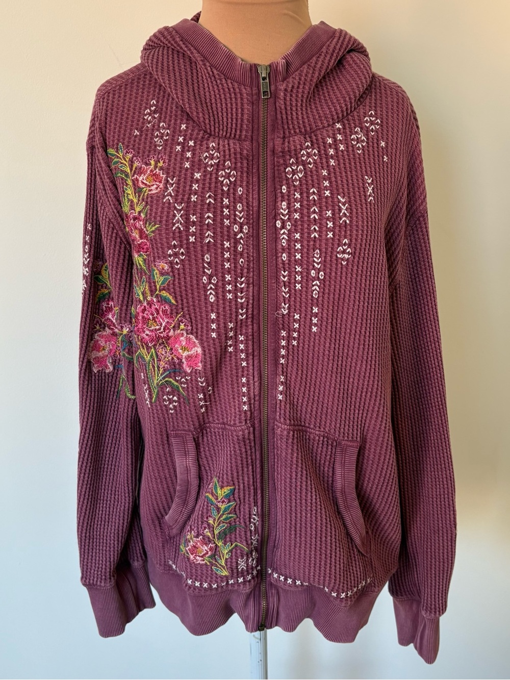 Sundance Jolene Floral Embroidered Purple Waffle Knit Boho Full-Zip Hoodie Sz PM